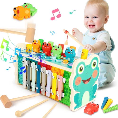 UUSUOO 6 in 1 Montessori Toys for 1 Year Old,Whack a Mole Hammering Pounding Toys with Pounding Bench,Xylophone,Frog,Montessori Musical Toys,Toddler Toys Gifts for Boys Girls 1-3