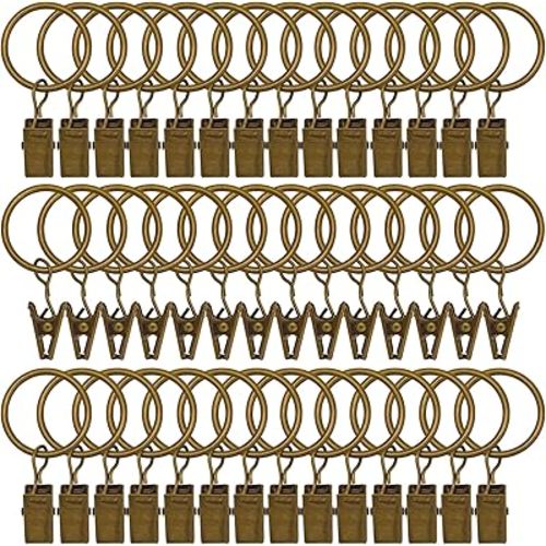 42 Pack Curtain Rings with Clips 1.26" Interior Diameter,Metal Drapery Ring with Clips Compatible with up to 1 inch Drapery Rod,Strong Vintage Decorative Rustproof Drapery Ring with Hooks(Bronze)