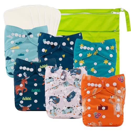 babygoal Baby Reusable Cloth Diapers 6 Pack+6pcs Rayon from Bamboo Inserts+Wet Bag, One Size Adjustable Washable Pocket Nappy Covers for Boys 6FB41