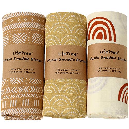 LifeTree 3 Pack Baby Swaddle Blankets - Soft Bamboo Cotton Muslin Swaddle Blankets - Earthy Color Collection, Lightweight, Breathable, Large 47 x 47 inches