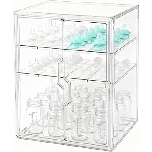 Baby Bottle Organizer, 3-Tier Bottle Storage for Countertop with Double Magnetic Doors, Clear Plastic Bottle Station Organizer with 2 Adjustable Dividers for Kitchen, Bathroom, Cabinet, Vanity