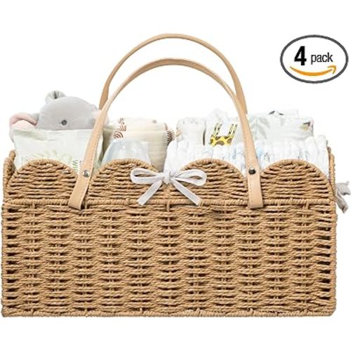HBlife Large Baby Diaper Caddy, Paper Rope Scalloped Storage Baskets Nursery Bin with Removable Divider, Portable Car Organizer for Diapers, Baby Shower Gifts, Newborn Essentials Must Haves, Brown