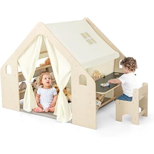 Costzon Large Kids Tent, 6-in-1 Wooden Frame Play House with Table and Chair Set, Blackboard, 6 Storage Bins & Soft Floor Mat, Indoor Playhouse for Boys Girls Aged 2-6 Years Old