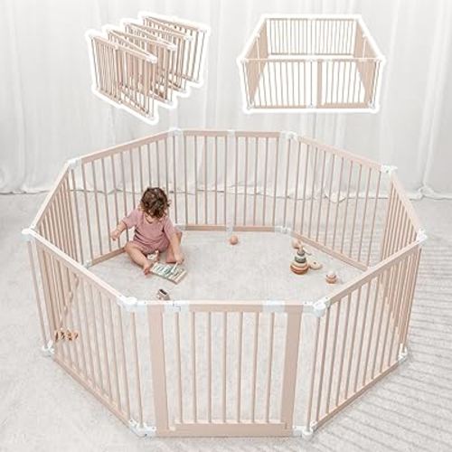 Baby Playpen & Baby Gate for Toddler and Babies, Foldable Wooden Large Shape & Size Adjustable Playard, Play Fence with Locking Gate Activity Center, Toddler Fence Play Area, Blush by Comfy Cubs