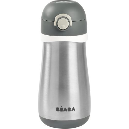 BEABA Kids Stainless Steel Insulated Water Bottle, Kids Water Bottle, Toddler Thermos with Spill Proof Spout and Close Top, Perfect for Travel, (Charcoal)