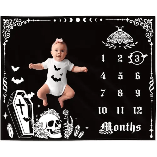 Gothic Baby Monthly Milestone Blanket, Goth Girl Boy Baby Shower Growth Chart Photo Prop Stuff Background for Newborn Mom Moth Nursery Bat Halloween Decorations 40" X 50"