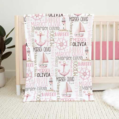 PINK NAUTICIAL BABY Girl Blanket, Personalized Sailor Nautical Baby Blanket, Custom Sailboat Girl Name Blanket, Nautical Baby Girl Name Gift