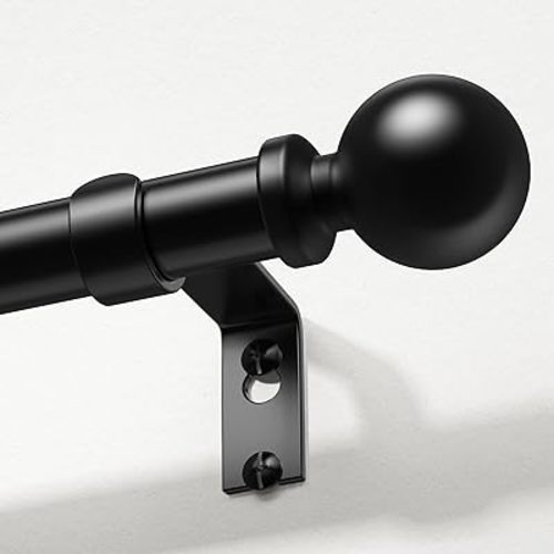 Black Curtain Rods for Windows 48 to 84 Inch, Adjustable Heavy Duty 1" Diameter Decorative Curtain Rod with Matte Black Round Finials, Modern Easy Install Extendable Metal Drapery Pole Set