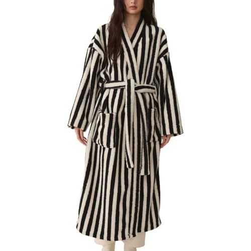 Women's Fuzzy Fleece Long Robe Striped Plush Kimono Warm Thick Fluffy Oversized V Neck Loungewear Maxi Bathrobe