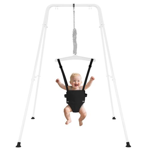 Baby Jumper with Stand, Infant Jumper with Adjustment Strap, Indoor/Outdoor Toddler Swing Set, Baby Jumpers and Bouncers for Boys Girls 6-24 Months, Easy to Assemble & Store (White)