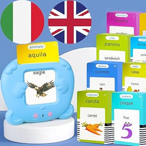 Bilingual English Italian Flash Cards - Talking Flash Cards for Kids, 510 Sight Words, Pocket Speech for Toddlers 3-12, Autism Sensory Toys, Preschool Learning Activities Boys (Blue)