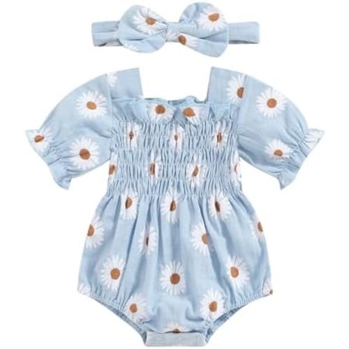Infant Baby Girls Romper Daisy Ruffle Sleeve Pleated Smocked Bubble One Piece Ruched Jumpsuit Summer Bodysuit