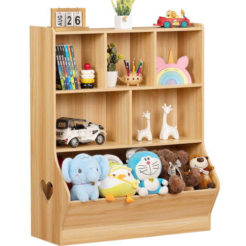 Aukfa 3-Tier Kids Toy Organizer and Bookshelf, 7-Cubby Wooden Storage Cabinet for Toddlers for Playroom, Bedroom, Nursery, School, Natural