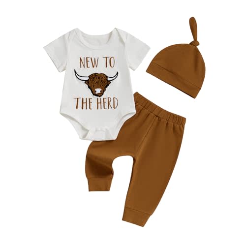 Omkzanbi New to the Herd Baby Boy Outfit Highland Cow Embroidery Bodysuit Pants Hat Western Cowboy Coming Home Summer Clothes
