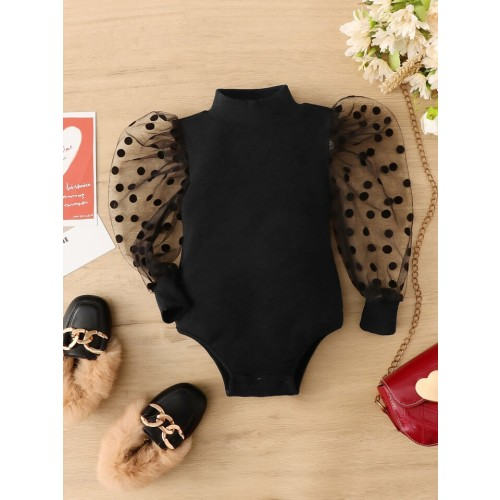 SHEIN Baby Contrast Dobby Mesh Mock Neck Puff Sleeve Bodysuit: 6-9 Months