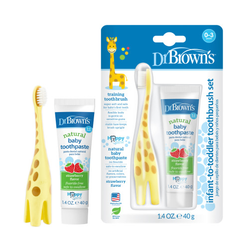 Dr. Brown's 0-3 Years Infant to Toddler Set, Giraffe Toothbrush + Strawberry Toothpaste