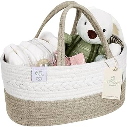 KiddyCare Baby Diaper Caddy Organizer, Cotton Nursery Baby Gift Basket with Handle Lid Baby Caddy Organizer, Portable Baby Basket Diapers & Wipes, Basket for Moms, Wheat Field - Large
