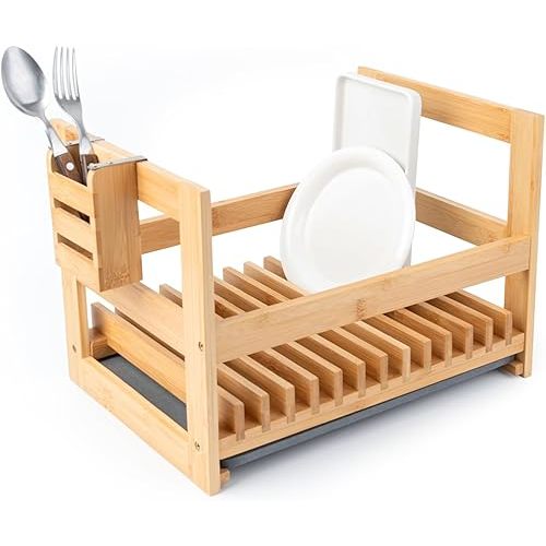 Bamboo Dish Drying Rack with Utensil Holder, Stone Dish Drying Mat, Wooden Dish Drying Rack, Functional Kitchen Organizer, Dish Drainer