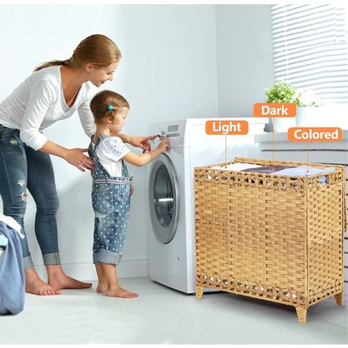 Laundry Hamper with 3 Removable Liner Bags; 132L Handwoven Rattan Laundry Basket with Lid & Heightened Feet; Clothes Hamper with Side Handles; Laundry Sorter with 3 Separate Sections (Natural)