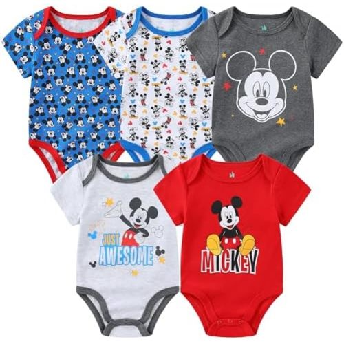 Disney Mickey Mouse, Lion King, and Winnie the Pooh Baby Boys 5 Pack Bodysuits for Newborn and Infants
