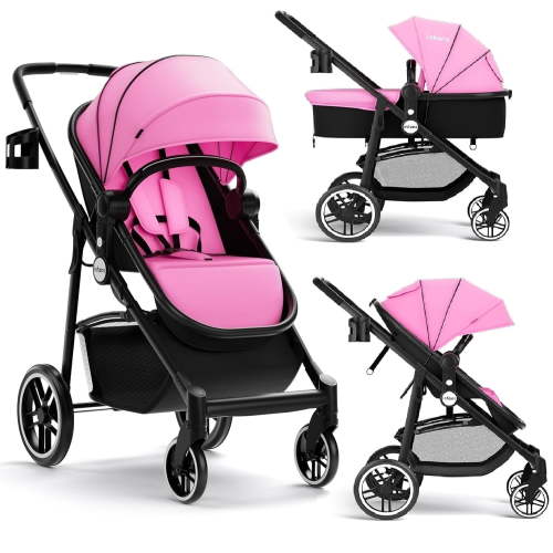 OLAKIDS 2 in 1 Baby Stroller, High Landscape Infant Stroller and Reversible Bassinet Pram, Foldable Pushchair with Adjustable Canopy, Cup Holder, Storage Basket, Suspension Wheels (Pink)