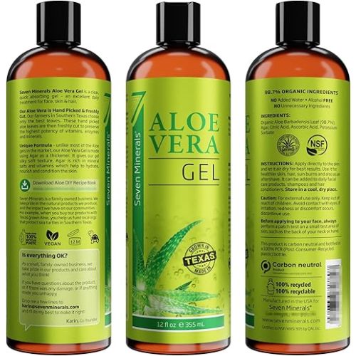 Seven Minerals Organic Aloe Vera Gel from freshly cut 100% Pure Aloe - Big 12oz - HighestQuality, Texas grown, Vegan, Unscented - For Face, Skin, Hair, Sunburn relief