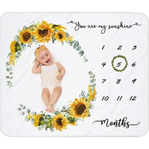 Baby Milestone Blanket for Baby Girl|Newborn Monthly Milestone Picture Blanket|Sunflower Nursery Decor|Baby Girl Photo Background Prop Blanket 45"x40" with Wreath and Headband