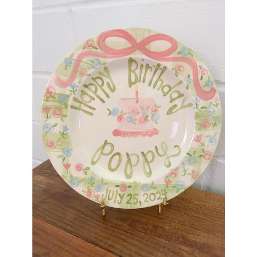 Personalized Birthday Plate: Hand-Painted Wildflowers and Green Gingham