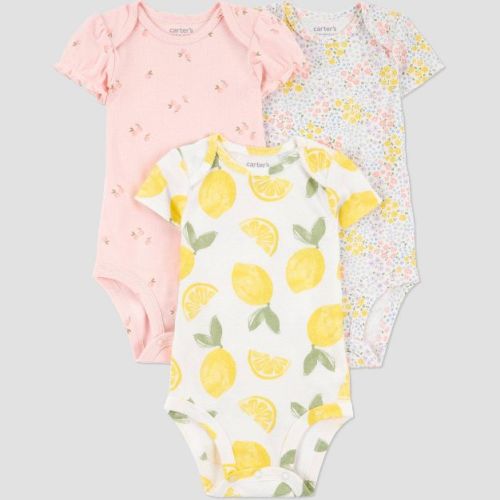 Carter's Just One You®️ Baby Girls' 3pk Bodysuit - Pink/yellow Newborn: Cotton, Lightweight, Lemon & Floral Patterns, Short Sleeve