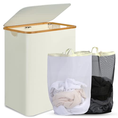 efluky Laundry Hamper with Lid, 160L Tall Laundry Basket with Bamboo Handles for Clothes and Toys, Collapsible Laundry Hamper with 2 Inner Bags for Bedroom and Bathroom, Beige