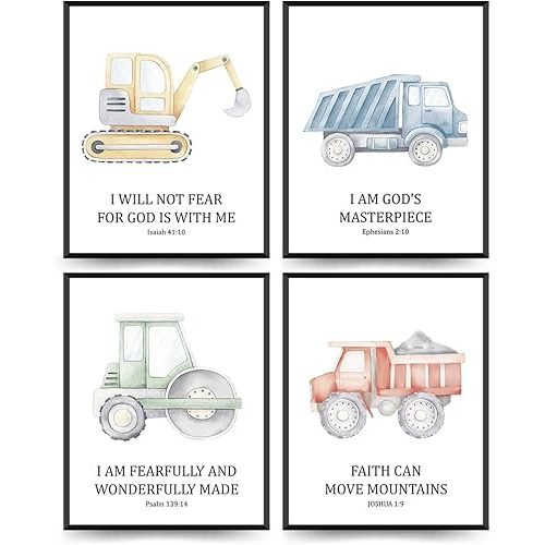 ETVISO Toddler Boy Room Decor Set of 4, Kids Wall Art Inspirational Bible Verse Wall Decor, Tool Car Poster for Baby Boys Kids Room Bedroom Playroom Nursery Decoration, 8x10 (Unframed)