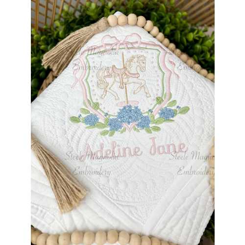 Carousel Horse Pink Bow Quilt Hydrangea Embroidered Baby Blanket Girl Nursery Personalized Baby Shower Gift Hydrangea Baby Heirloom Quilt