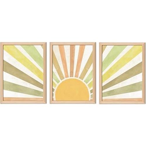 Wooden Framed Boho Sun Wall Art Set of 3 Abstract Sunshine Canvas Prints Morden Bohemian Posters Neutral Home Decor Minimalist Geometric Line Painting Picture for Living Room Bedroom12x16in