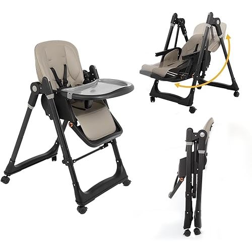 Convertible Rocking High Chair for Babies and Toddlers | Lockable Wheels & Heavy-Duty Stable Frame | 6-in-1 Adjustable Feeding Chair, Easy Fold (Dark Grey)