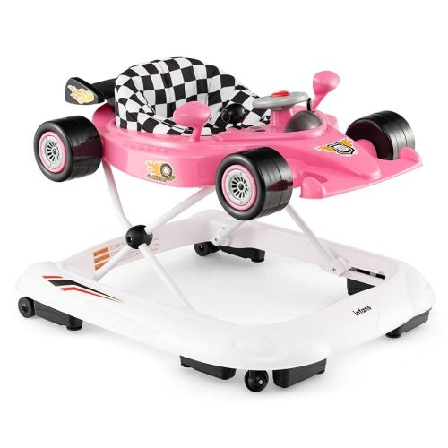 INFANS Foldable Baby Walker, 3 in 1 Toddler Activity Center Leaning-Seated Walk-Behind with Steering Wheel, Adjustable Height, Lights, Music, Washable Seat Cushion (Pink)