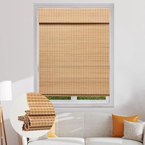 SEEYE Cordless Bamboo Roman Shades, Blackout Natural Bamboo Blinds for Indoor Windows, Roll Up Blind Privacy Shade for Home, Office, Door, UV Resistant & Easy to Install, 28" W x 64" H, Carbonized