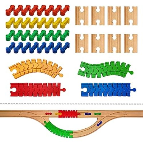Wooden Train Track Accessories, 44 pcs Wooden Track Connector, Compatible with All Major Brands Train Track, Christmas Birthday Gift for Boys Girls, Train Toys Expansion Pack for Kids Ages 3+