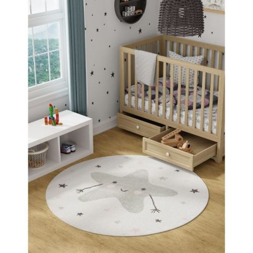 Unique Loom Whimsy Kids Collection Area Rug - Star Buddy (3' 3" Round Ivory/Gray)