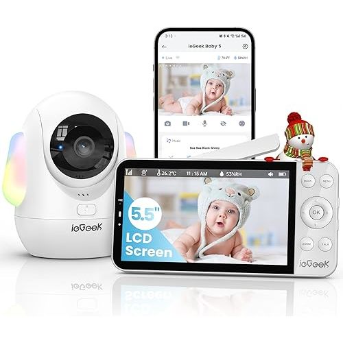ieGeek 5.5" Baby Monitor,Audio Monitor with 2.5K Ultra HD 2.4G&5Ghz WiFi Camera,Night Light,Face Covering&Cry Detection,Two-Way Talk,Night Vision,Temp&Humidity Sensor,4000mAh Battery,App Control