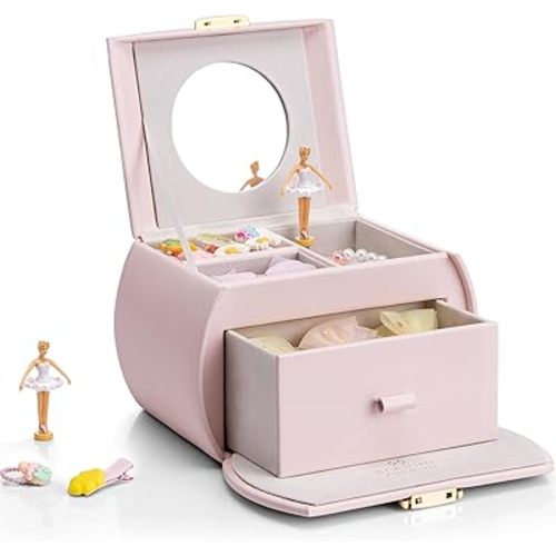 Vlando Kids Musical Jewelry Box for Girls with Drawer, Music Box with Ballerina and Stickers for Birthday Bedroom Decor, Gifts for Girls Kids Christmas Thanksgiving Gifts 2024 - Light Pink