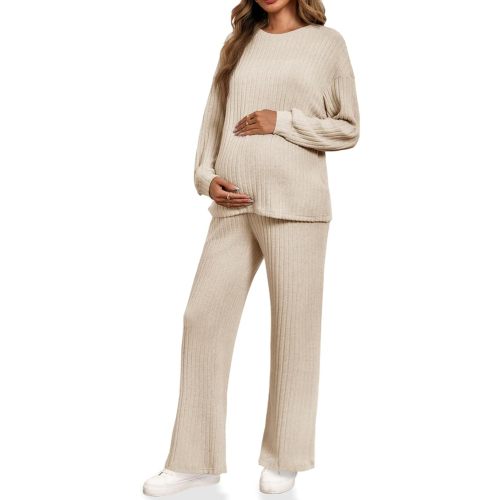 Yousify Womens Maternity Pajamas Sets 2 Piece Outfits Ribbed Knit Long Sleeve Tops Pants Loungewear Mama Clothes