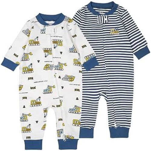 Teach Leanbh Baby 2-Pack 100% Cotton Romper Jumpsuits Two Way Zipper Long Sleeve Footless Sleep and Play 6-12M