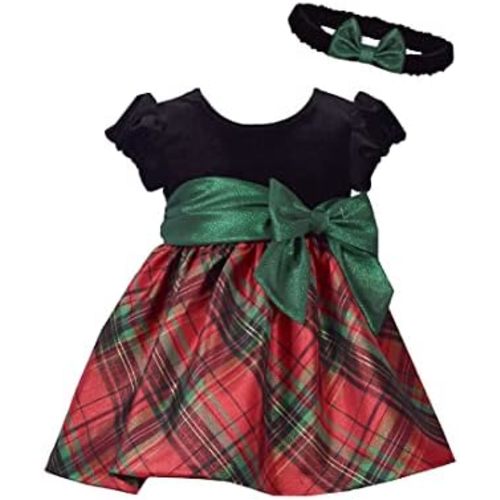 Bonnie Jean Girls Holiday Christmas Dress - Classic Plaid with Velvet with Hair Accessories