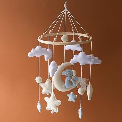 Baby Crib Mobile with Felt Bunny on Moon, Stars and Clouds, Wooden Nursery Mobile for Baby, Soothing Hanging Toy for Infant Crib, Perfect for Nursery and Bedroom Decor