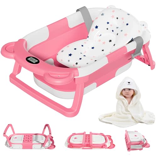 MoreFeel Collapsible Baby Bathtub for Newborn with Thermometer & 1 Hooded Towel & 1 Soft Floating Cushion,Portable Travel Bathtub with Drain Hole, Durable Foldable Baby Tubs for Infants to Toddler