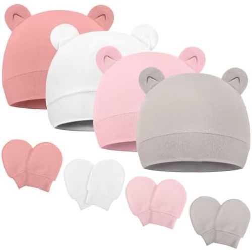 Newborn Baby Hats and Mittens Set Bear Ear Baby Beanie No Scratch Cotton Infant Caps Gloves Newborn Hats for Boys Girls