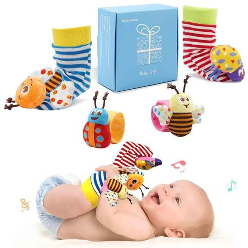 Bloobloomax Baby Rattles Toys for 0-12 Month, Infant Girl Boy Toys for Babies 3-6 Months, Newborn Hand & Foot Toys for 0 to 9 Months, Baby Shower Gifts Set with Wrist Rattle Socks-Light Blue Gift Box
