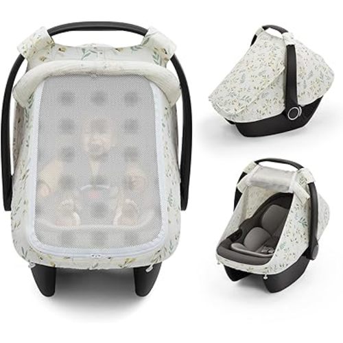Blissful Diary Baby Car Seat Cover, Extra Large Mesh Window, Breathable Muslin Cotton, Infant Windproof Canopy - Botanical Leaf