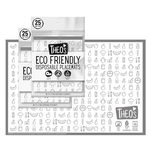 THEO'S 50 Pack Stick on Disposable Table Mats for Kids & Baby Led Weaning | Large 12" x 18" Restaurant Placemats in Re-usable Travel Pouch