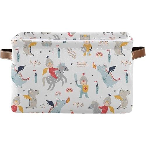 Pfrewn Storage Basket Bins Foldable Laundry Hamper Toy Cute Knight and Dragon Storage Bins Box Organizer for Home Boys Girls Office Closet Shelf Nursery Baskets,1 pcs
